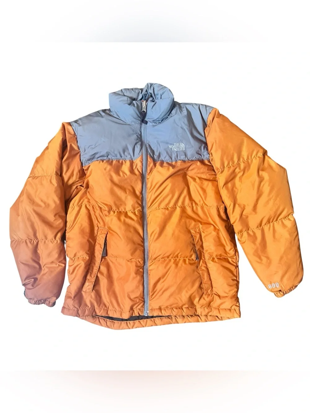 The North Face 600 boys youth puffer parka down zip orange gray jacket size L